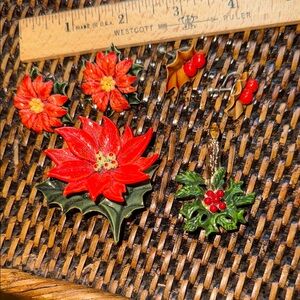 Festive Vintage Red and Green Holiday Brooch and Earring Set Christmas